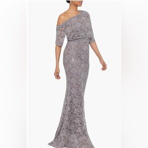 BETSY & ADAM One Shoulder Sequin Lace Gown